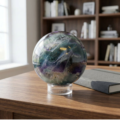 Rainbow Fluorite Sphere 2.25" Polished Purple and Green Crystal Ball Home Decor