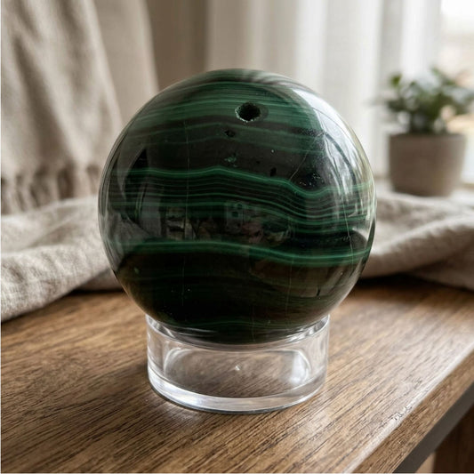 Malachite Crystal Sphere 1.5" Polished Banded Green Gemstone Ball for Home Decor