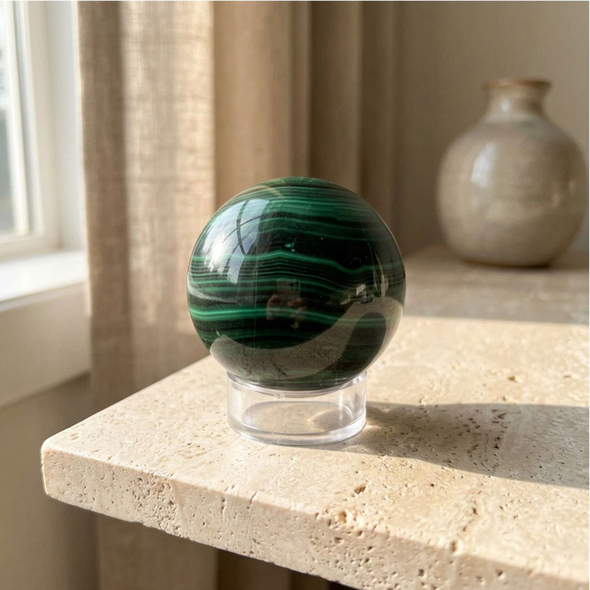 Malachite Crystal Sphere 1.5" Polished Banded Green Gemstone Ball for Home Decor