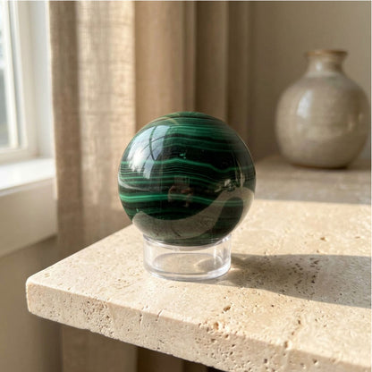Malachite Crystal Sphere 1.5" Polished Banded Green Gemstone Ball for Home Decor