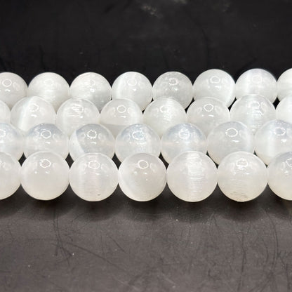 Natural Selenite 10mm Round Bead Strand
