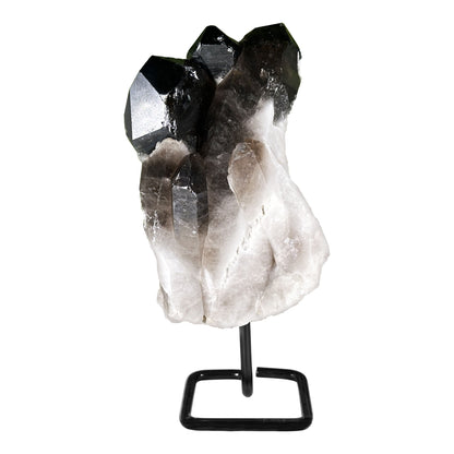 Natural Smoky Quartz Cluster Specimen with Metal Stand Polished Crystal Display Piece