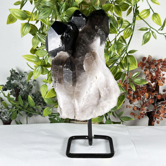 Natural Smoky Quartz Cluster Specimen with Metal Stand Polished Crystal Display Piece