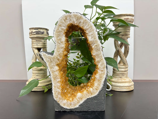Natural Citrine Crystal Geode with Raw Golden Points Unique Hand-Cut Quartz Cluster for Healing, Decor and Energy Balancing