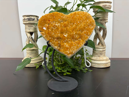 Natural Citrine Heart-Shaped Crystal Geode Cluster with Raw Golden Quartz Points for Home Decor