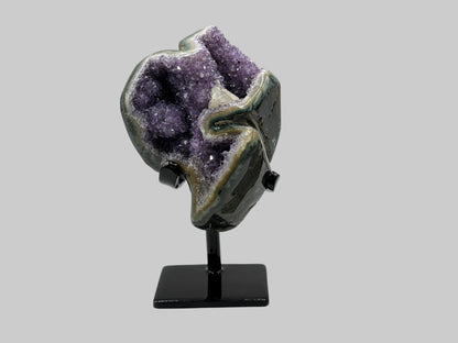 Natural Amethyst and Calcite Crystal Geode on Stand for Decorative Display, Meditation & Healing - RGD822