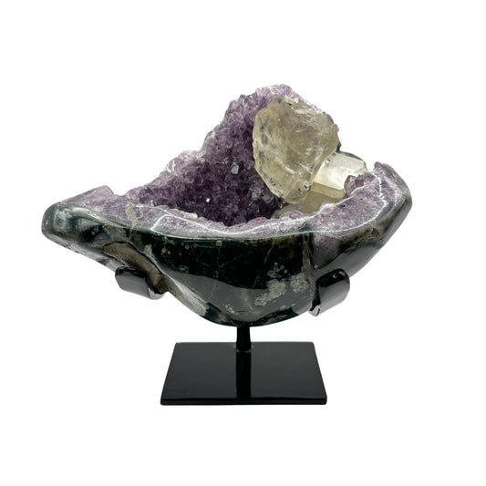 Natural Amethyst and Calcite Crystal Geode on Stand for Energy Healing, Meditation, Home Decor & Crystal Collection - RGD833