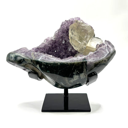 Natural Amethyst and Calcite Crystal Geode on Stand - Gem Avenue Retail