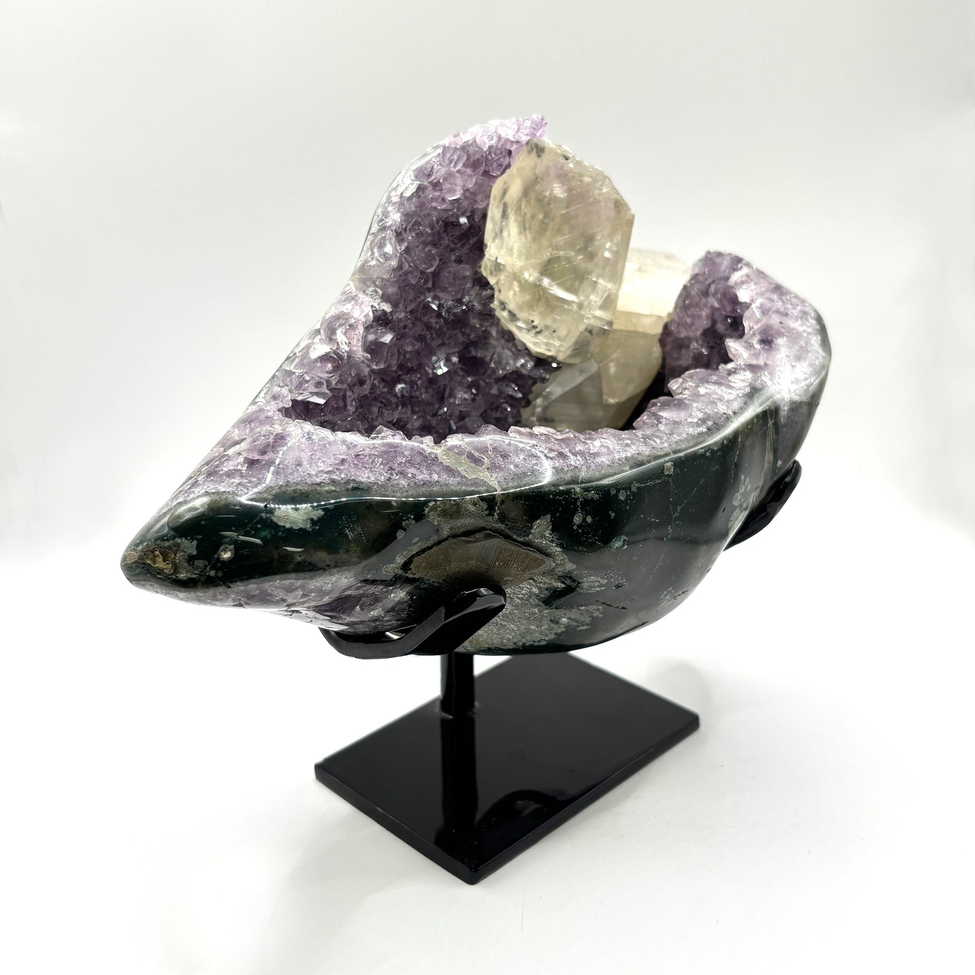 Natural Amethyst and Calcite Crystal Geode on Stand - Gem Avenue Retail