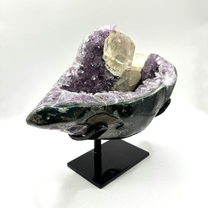 Natural Amethyst and Calcite Crystal Geode on Stand - Gem Avenue Retail
