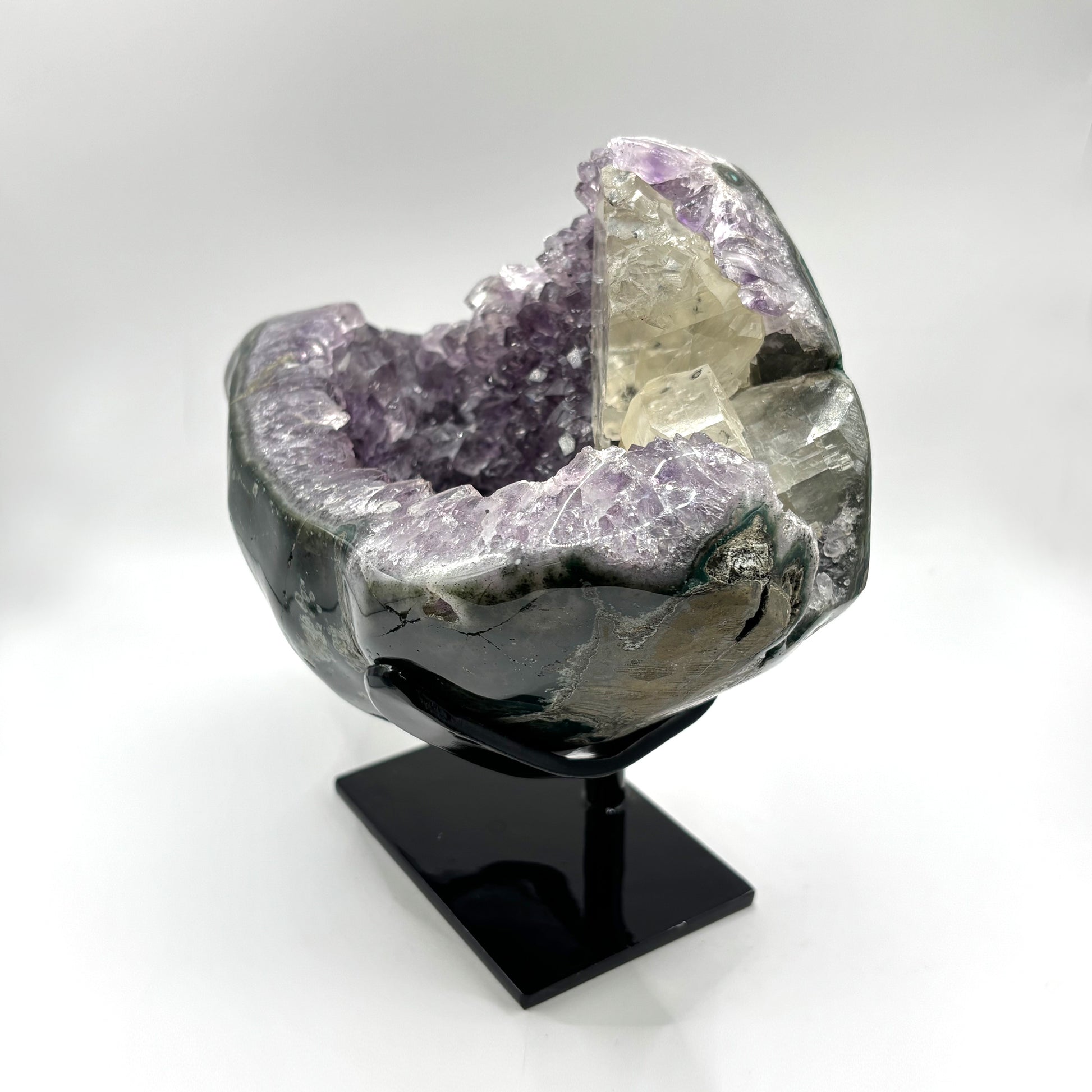 Natural Amethyst and Calcite Crystal Geode on Stand - Gem Avenue Retail
