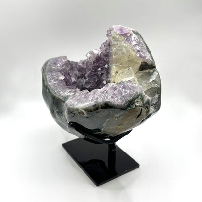 Natural Amethyst and Calcite Crystal Geode on Stand - Gem Avenue Retail