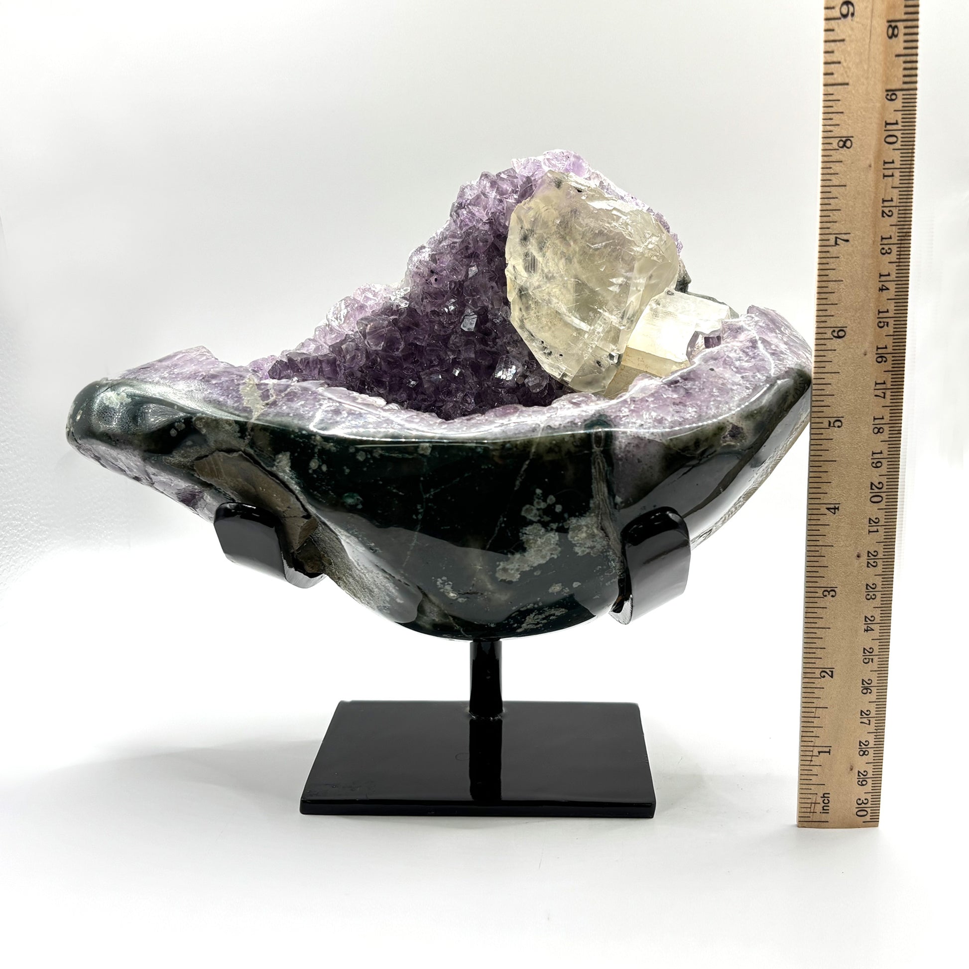 Natural Amethyst and Calcite Crystal Geode on Stand - Gem Avenue Retail