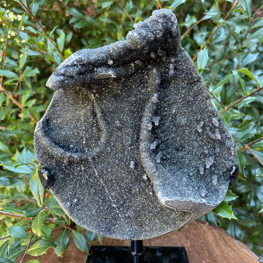Natural Galaxy Black Amethyst Crystal Geode on Stand for Energy Healing, Meditation, Home Decor & Crystal Collection - RGD834