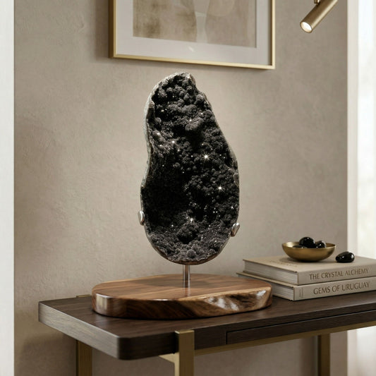 Natural Galaxy Black Amethyst Crystal Geode on Stand for Energy Healing, Meditation, Home Decor & Crystal Display - RGD835