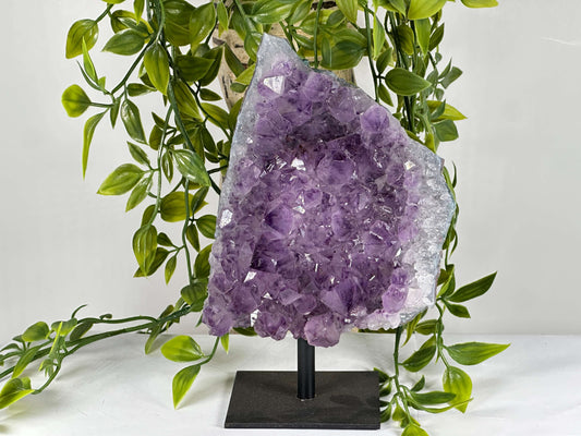 Natural Amethyst Druzy Geode Crystal Cluster on Metal Stand Polished Purple Display Stone - RGD867