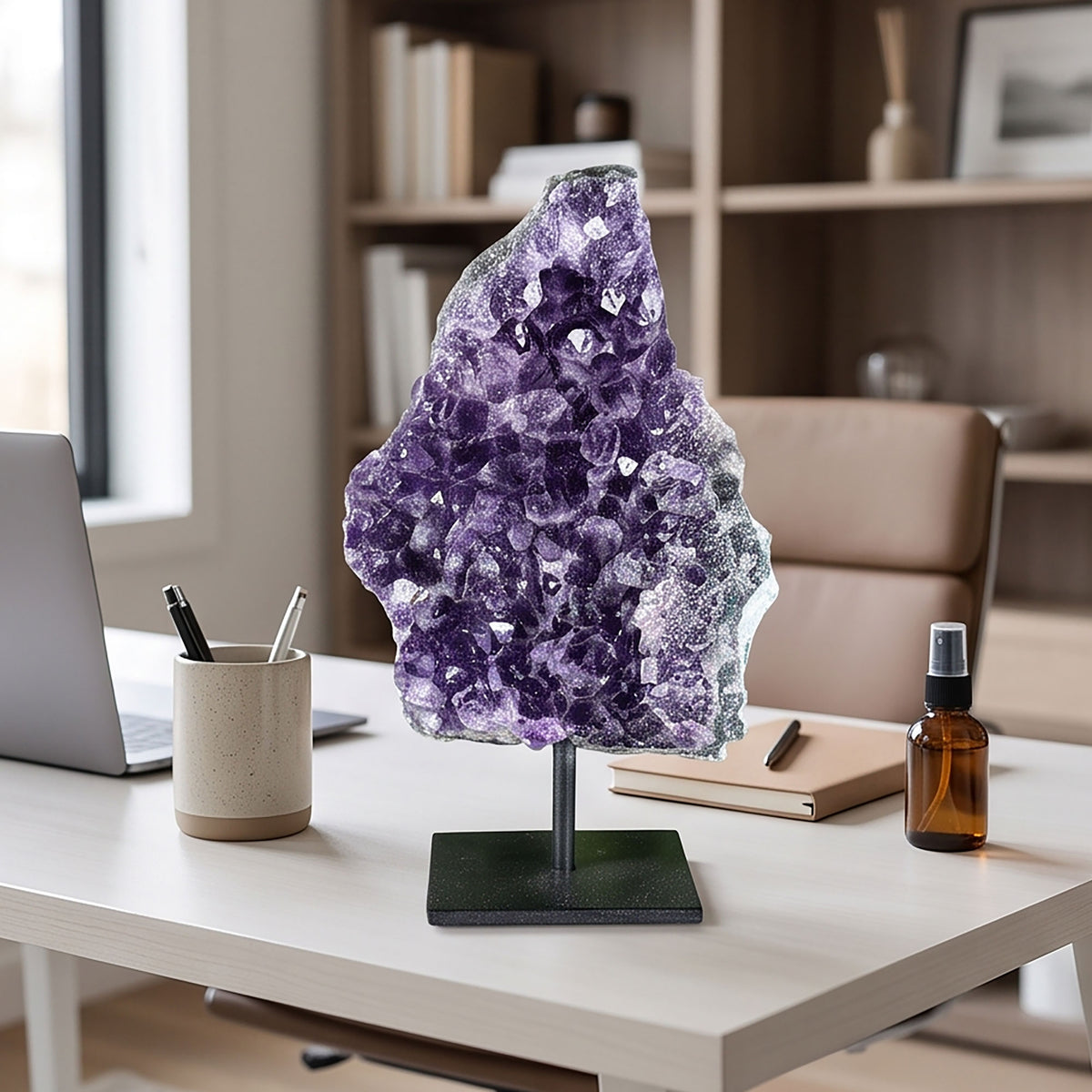 Amethyst Geode 7.25" Deep Purple Crystal Specimen with Polished Edge and Metal Display Stand
