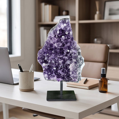 Amethyst Geode 7.25" Deep Purple Crystal Specimen with Polished Edge and Metal Display Stand