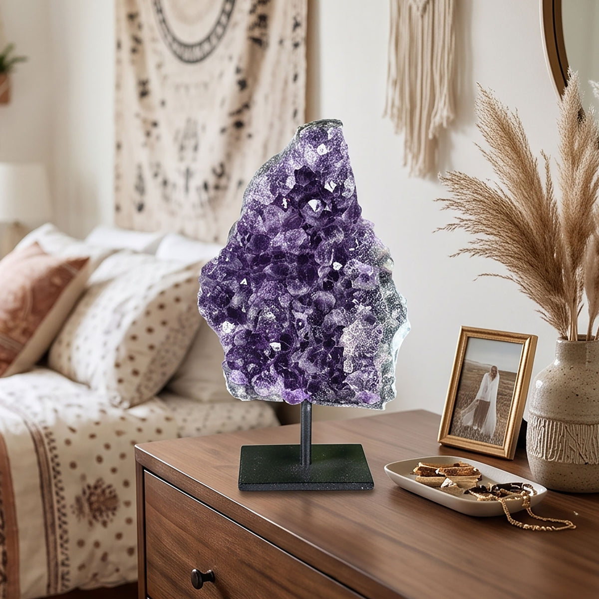 Amethyst Geode 7.25" Deep Purple Crystal Specimen with Polished Edge and Metal Display Stand
