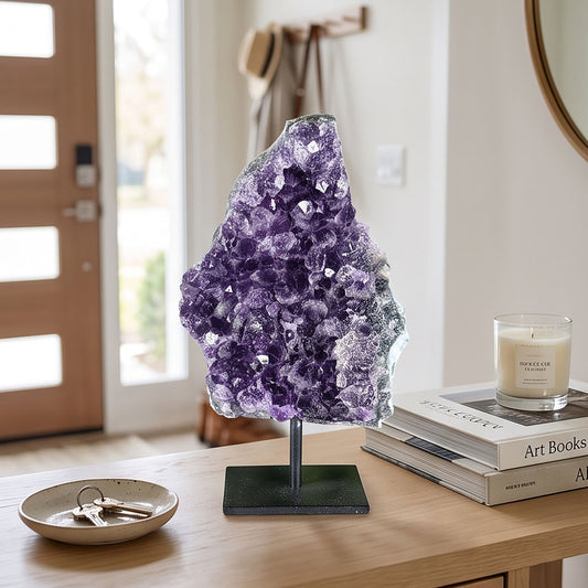 Amethyst Geode 7.25" Deep Purple Crystal Specimen with Polished Edge and Metal Display Stand