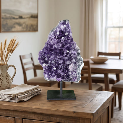 Amethyst Geode 7.25" Deep Purple Crystal Specimen with Polished Edge and Metal Display Stand