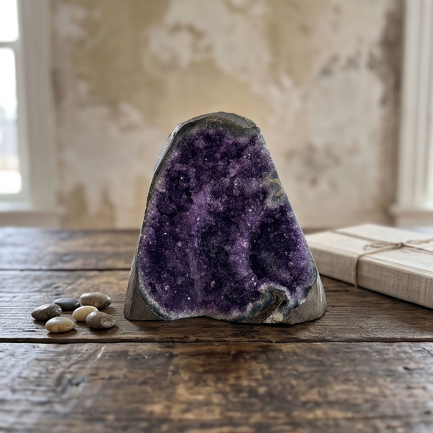 Amethyst Geode Cluster Standing Cut Base Brazil 6.25" Tall