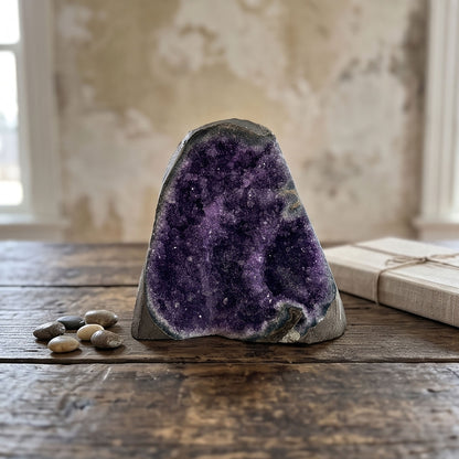 Amethyst Geode Cluster Standing Cut Base Brazil 6.25" Tall