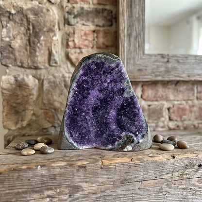 Amethyst Geode Cluster Standing Cut Base Brazil 6.25" Tall
