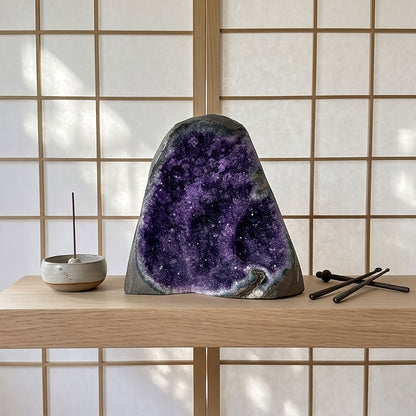 Amethyst Geode Cluster Standing Cut Base Brazil 6.25" Tall