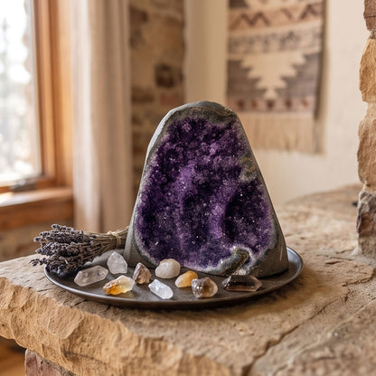 Amethyst Geode Cluster Standing Cut Base Brazil 6.25" Tall