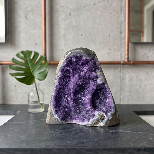 Amethyst Geode Cluster Standing Cut Base Brazil 6.25" Tall