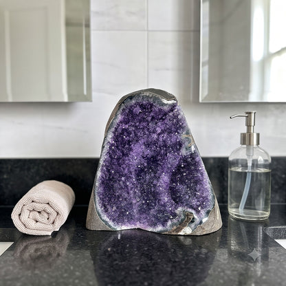 Amethyst Geode Cluster Standing Cut Base Brazil 6.25" Tall
