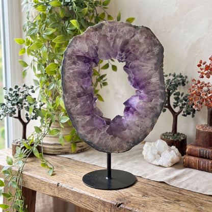 Amethyst Geode Ring Slice Open Center Crystal Portal Brazil 13" Tall