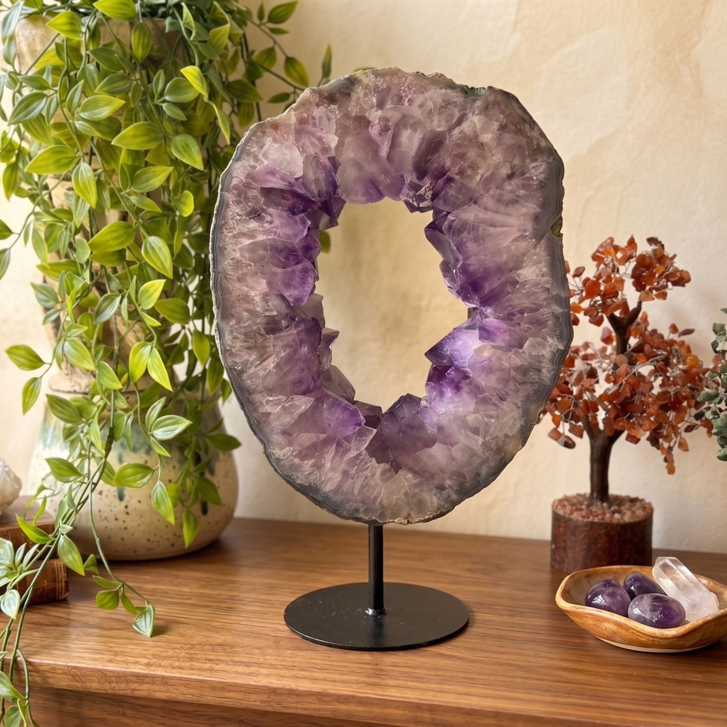 Amethyst Geode Ring Slice Open Center Crystal Portal Brazil 13" Tall