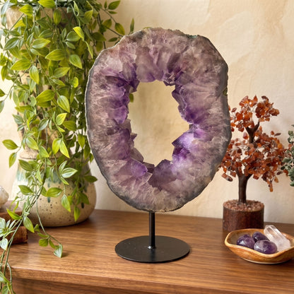 Amethyst Geode Ring Slice Open Center Crystal Portal Brazil 13" Tall
