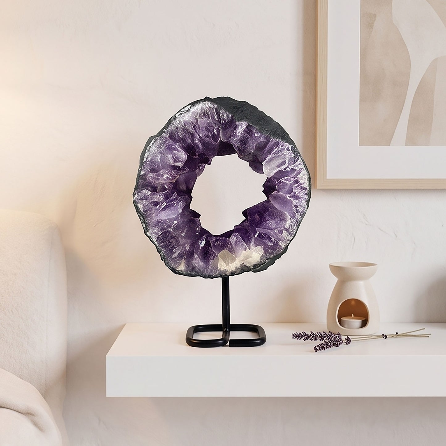 10.25" Amethyst Crystal Circle Geode Natural Quartz Cluster Home and Office Decor