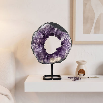 10.25" Amethyst Crystal Circle Geode Natural Quartz Cluster Home and Office Decor