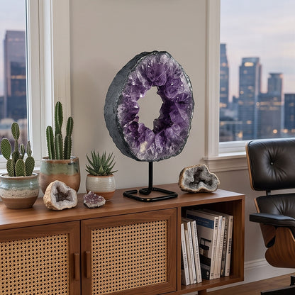 10.25" Amethyst Crystal Circle Geode Natural Quartz Cluster Home and Office Decor