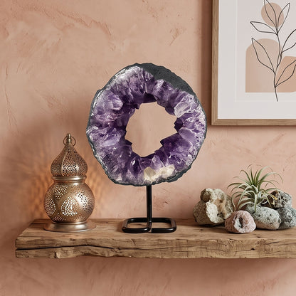 10.25" Amethyst Crystal Circle Geode Natural Quartz Cluster Home and Office Decor