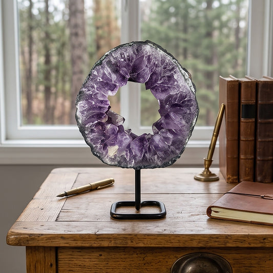 10.25" Amethyst Crystal Circle Geode Natural Quartz Cluster Home and Office Decor