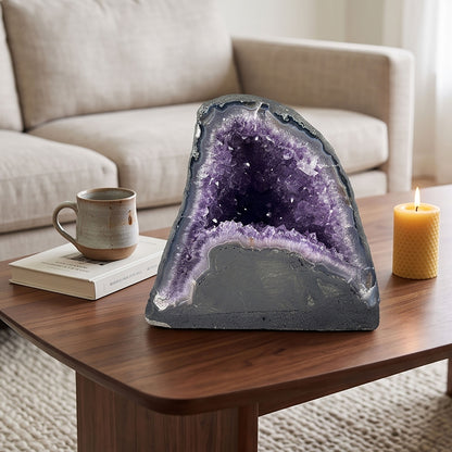 Natural 7.25" Brazilian Amethyst Geode Cathedral Purple Crystal Home Decor Specimen