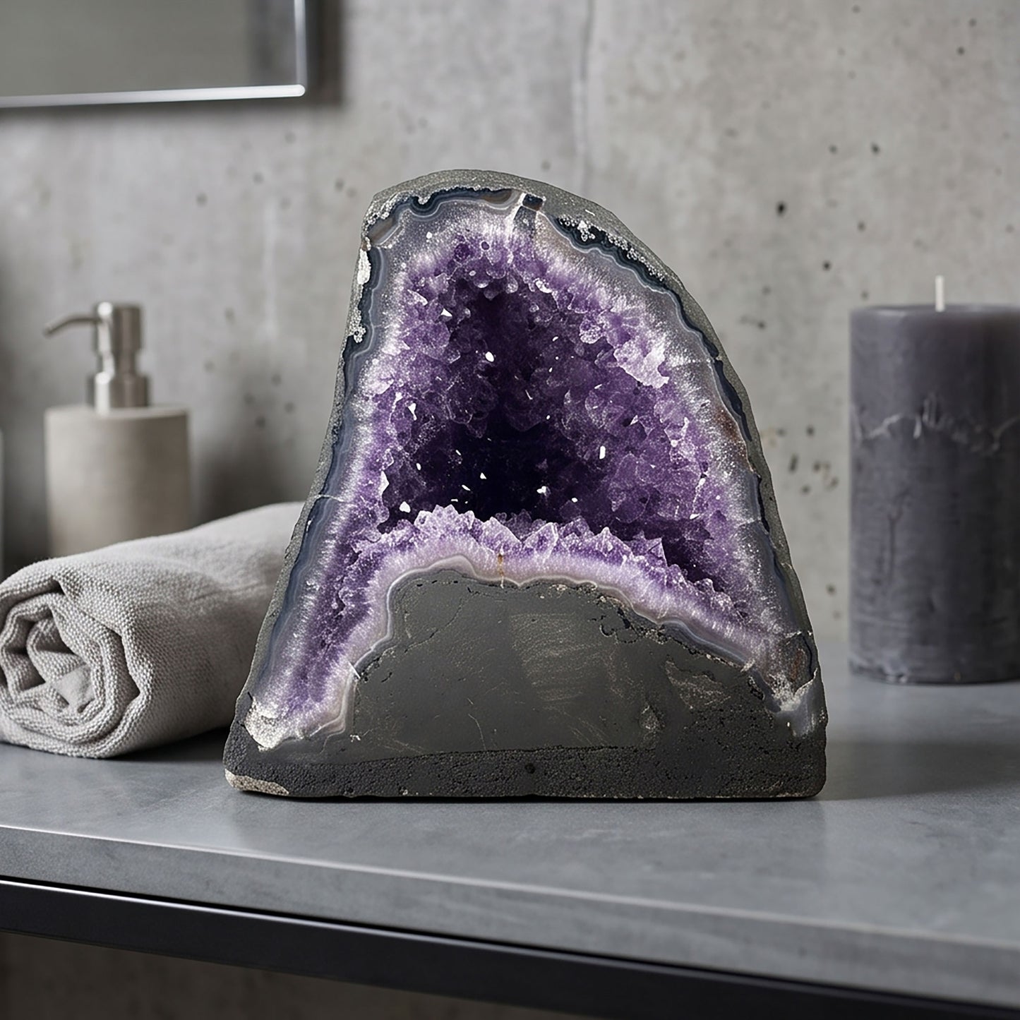 Natural 7.25" Brazilian Amethyst Geode Cathedral Purple Crystal Home Decor Specimen