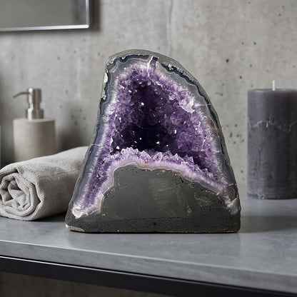 Natural 7.25" Brazilian Amethyst Geode Cathedral Purple Crystal Home Decor Specimen