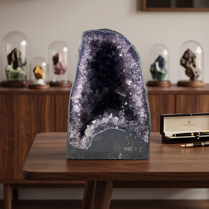 Natural 10.25" Brazilian Amethyst Geode Cathedral Deep Purple Crystal Cave Specimen for Home Decor & Collection