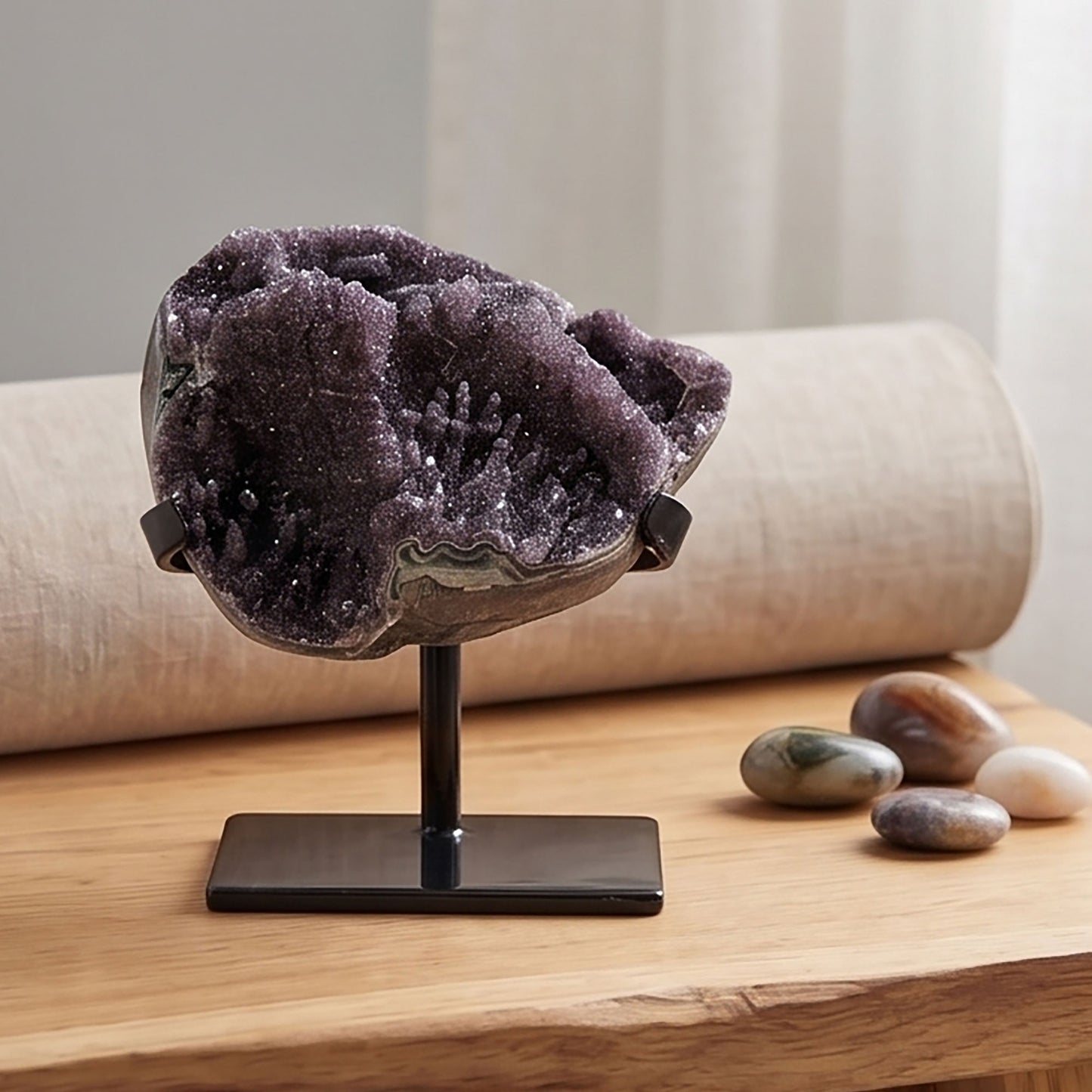 Black Amethyst Geode 6" Natural Druzy Crystal Display Specimen for Home Decor