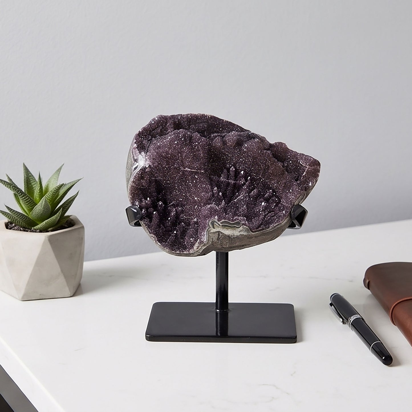 Black Amethyst Geode 6" Natural Druzy Crystal Display Specimen for Home Decor
