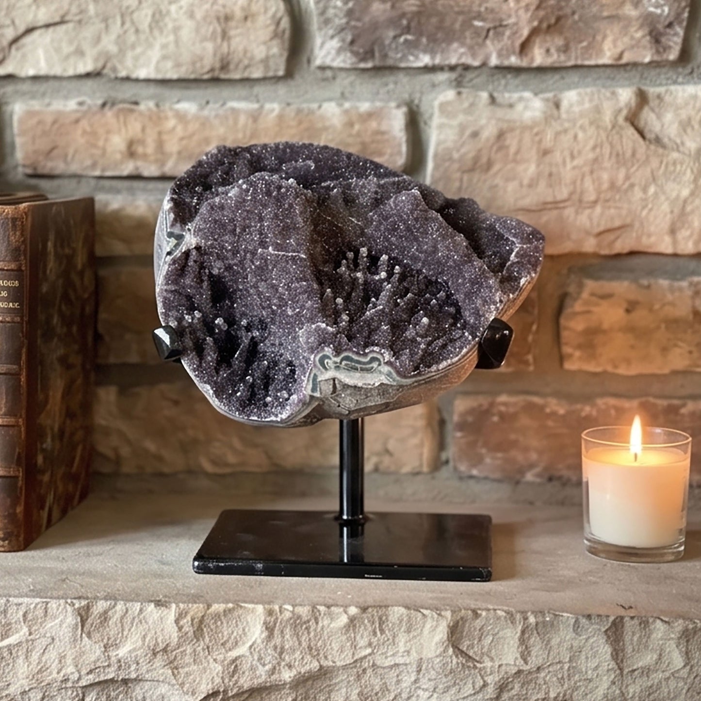Black Amethyst Geode 6" Natural Druzy Crystal Display Specimen for Home Decor