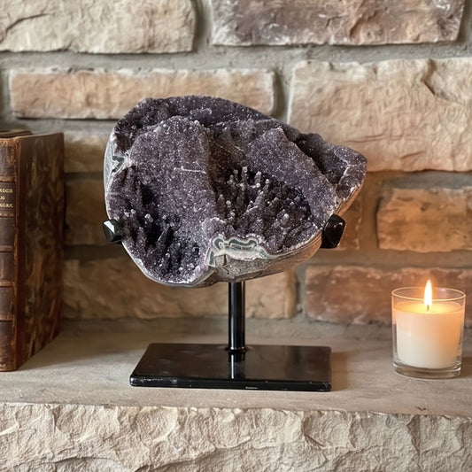 Black Amethyst Geode 6" Natural Druzy Crystal Display Specimen for Home Decor