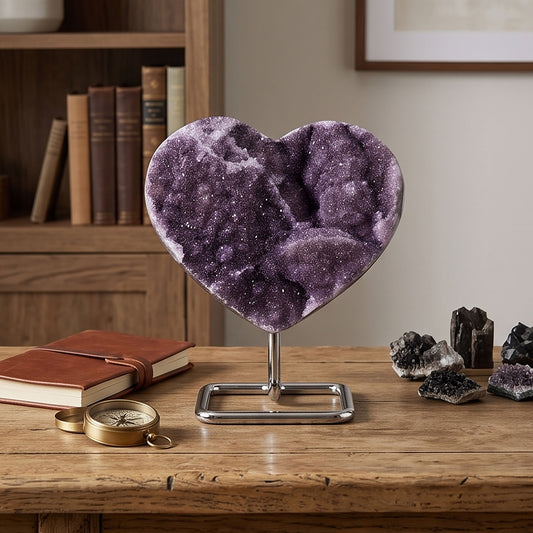 Natural Uruguay Amethyst Heart Geode 7.25" Purple Crystal Cluster Display Specimen Home Decor