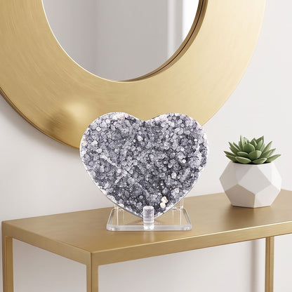 Natural Amethyst Heart Geode Crystal Cluster 3.75 Inch Druzy Display Stone Healing Home Decor Gift